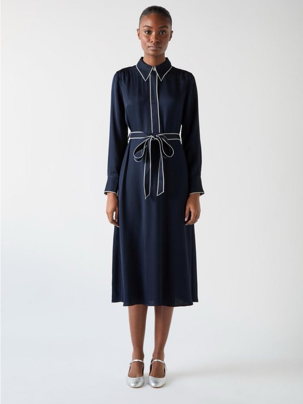 Elise Treetop Navy Viscose Edge Stitch Detail Shirt Dress